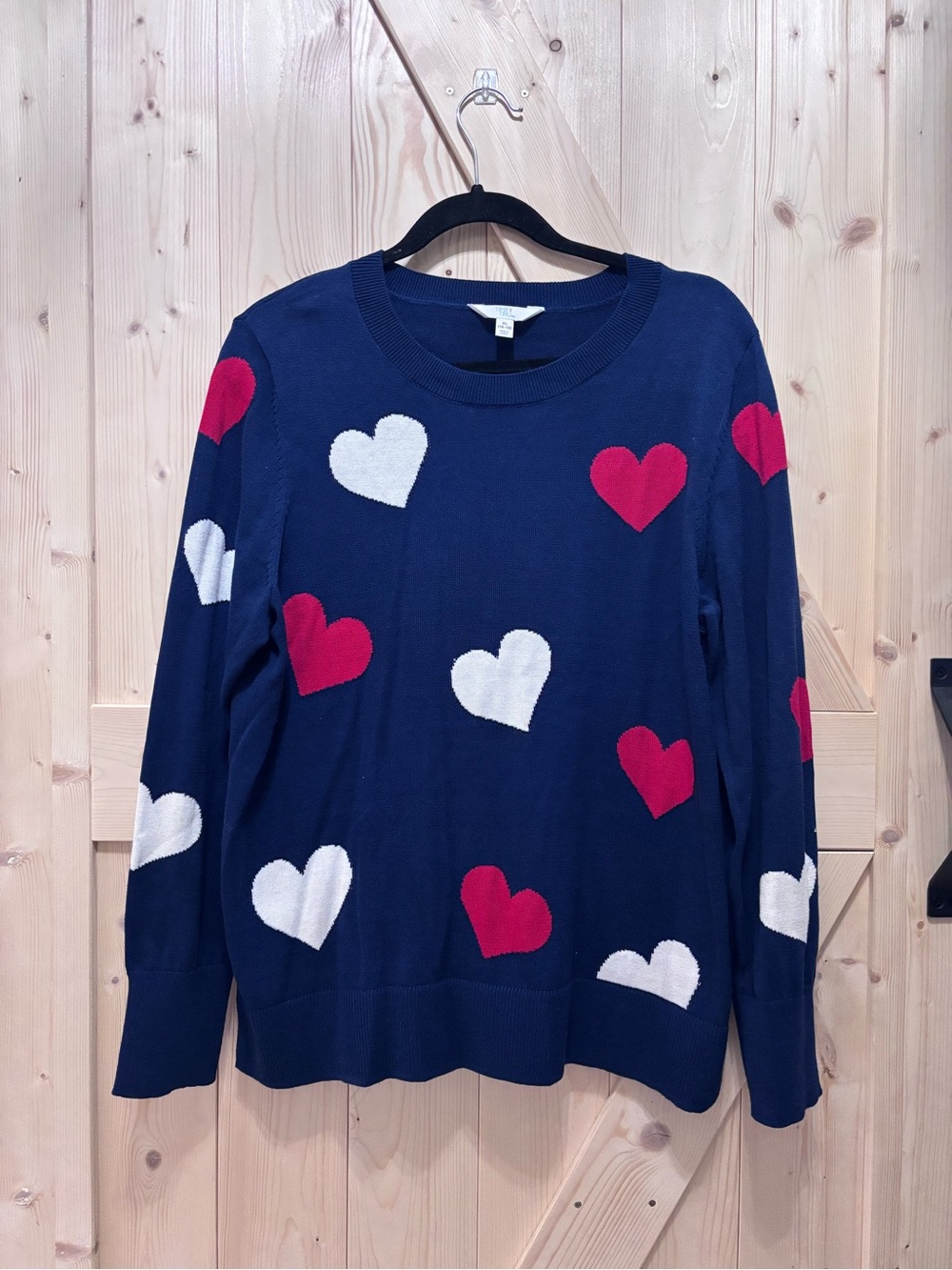 Time and Tru Navy Crewneck Sweater with Red and White Hearts